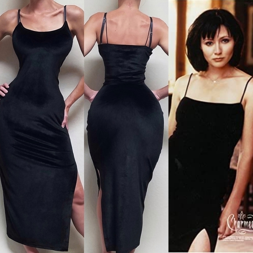 Dina Bennett Vintage 80s Black Velvet Side Slit Spaghetti Strap Maxi Dress Large